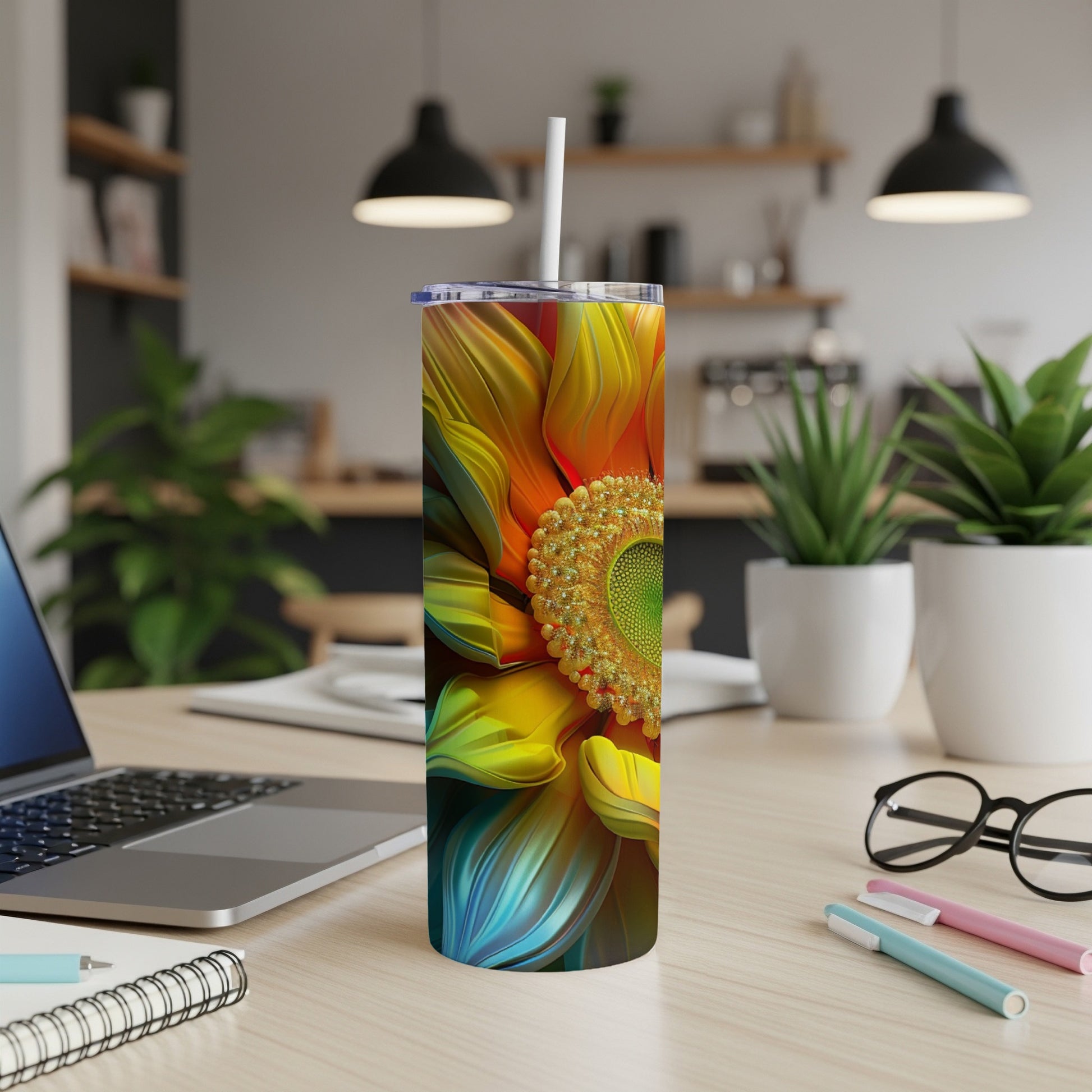 Tall tumbler with colorful sunflower design on desk with laptop.
