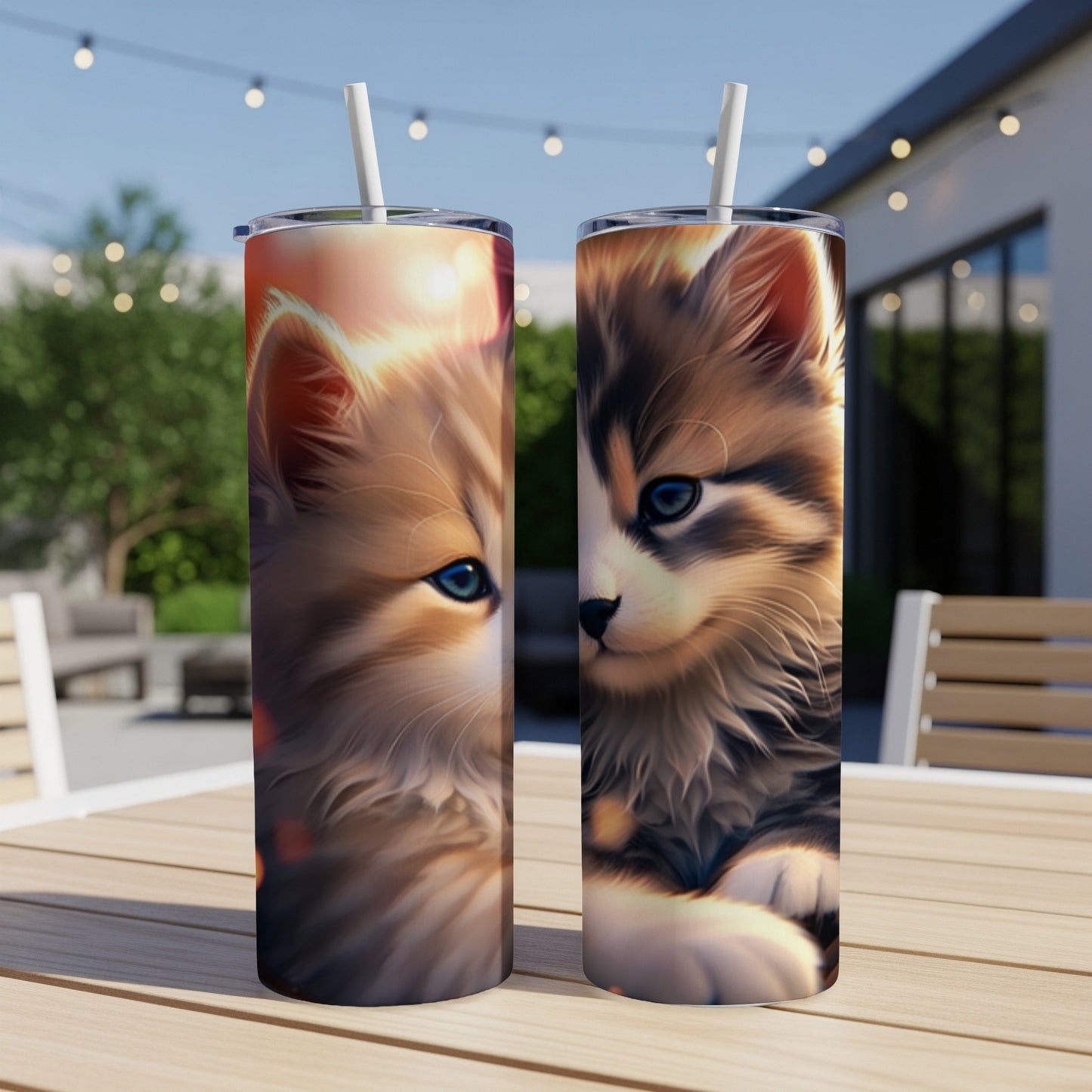 Two kittens depicted on separate tumblers, on a wooden table outdoors.