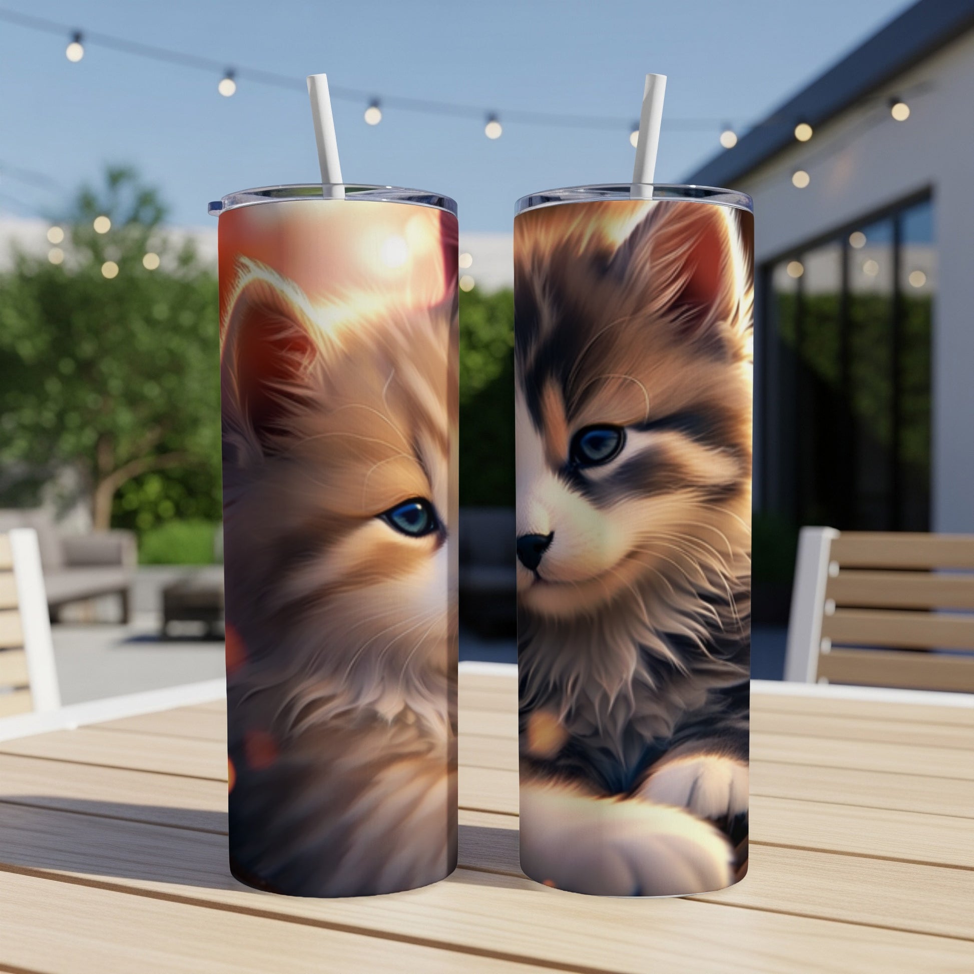 Two kittens depicted on separate tumblers, on a wooden table outdoors.
