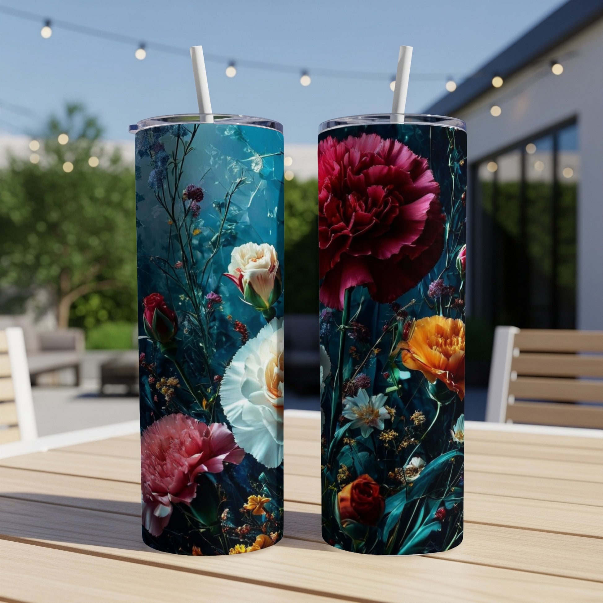 Two tall, cylindrical tumblers decorated with vibrant, realistic floral illustrations.