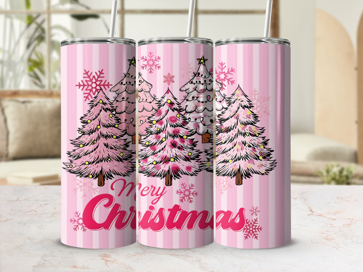 Merry Christmas Pink Snowflake Tree Tumbler