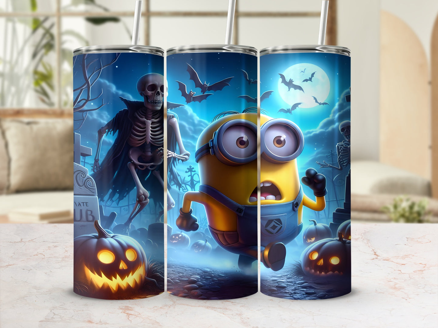 Minion running from skeleton in spooky graveyard with pumpkins and bats.