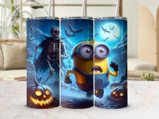 Minion running from skeleton in spooky graveyard with pumpkins and bats.