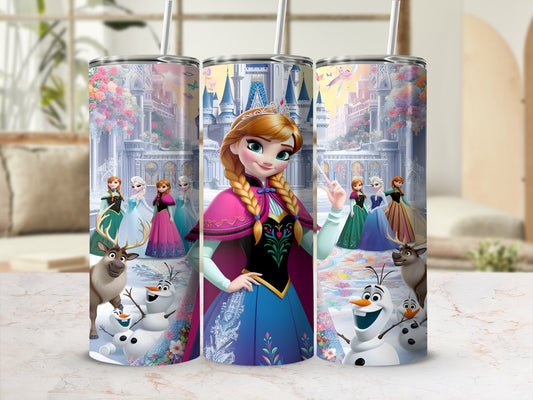 Anna and Elsa from Frozen with Olaf and Sven on a decorative tumbler.