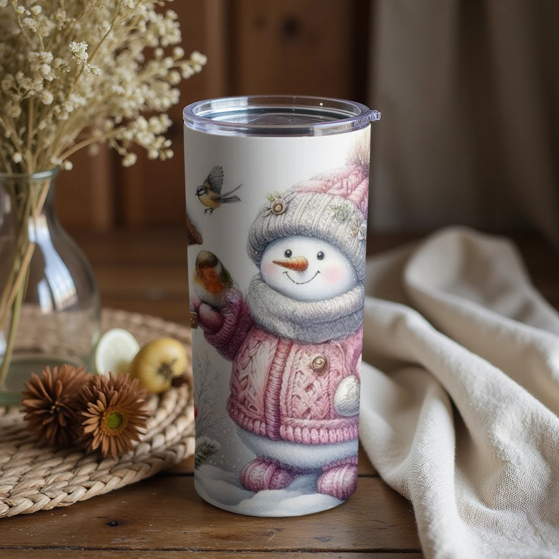 Cute Snowman and Birds Winter Scene Tumbler