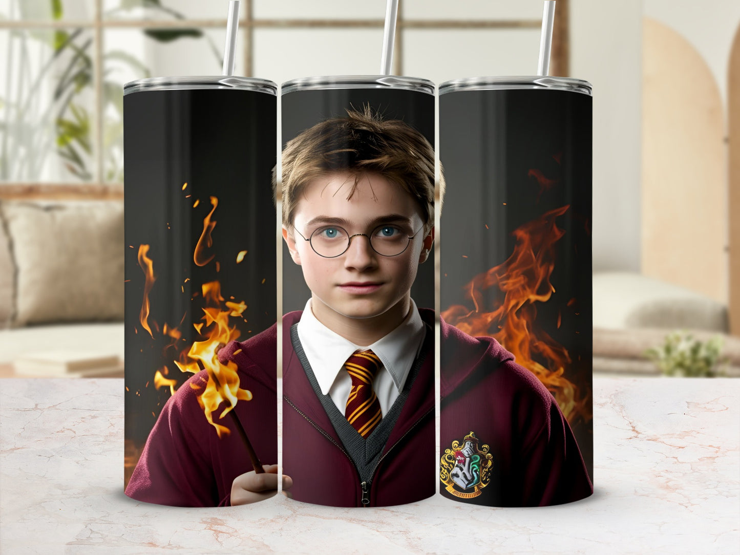 Harry Potter with wand and flames, Hogwarts crest on hoodie.