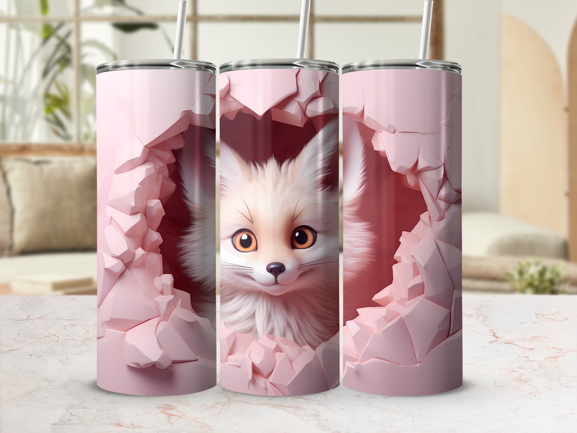 Cute Fox Bursting Through Wall Pink Tumbler Cup