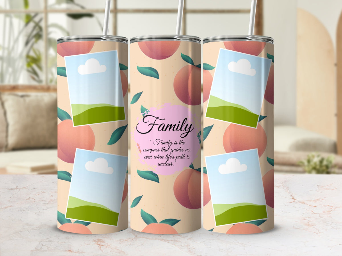 Tumblers with peach pattern, photos, and "Family" quote.
