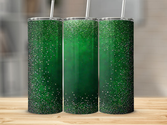 Three green tumblers with glitter gradient, displayed on a wooden surface.