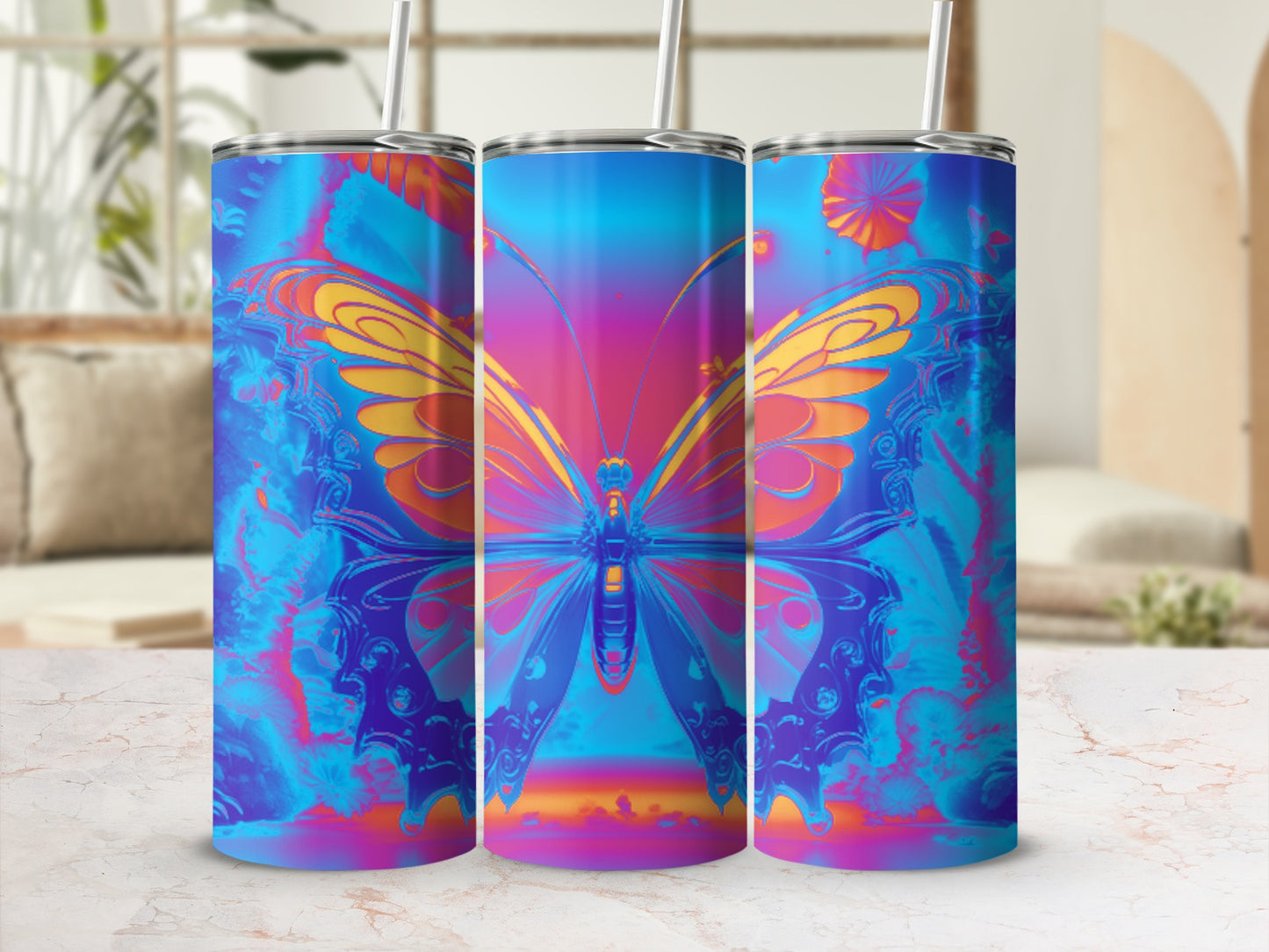 Triptych of tumblers with a colorful butterfly design.