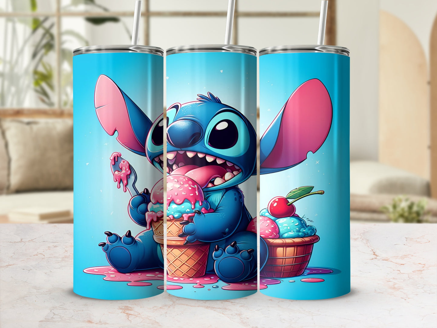 Stitch character eating ice cream cones from a bucket.