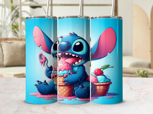 Stitch character eating ice cream cones from a bucket.