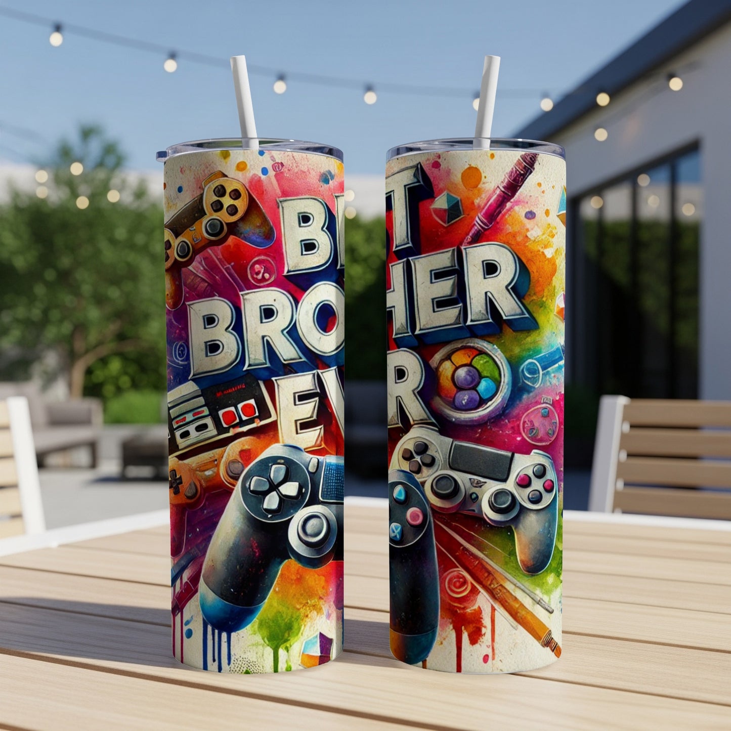 Two tumblers with "Best Brother Ever" and gaming controller designs.