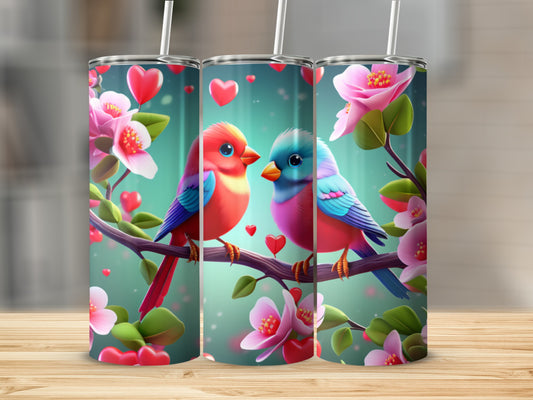 Two colorful birds on a branch with hearts and flowers.