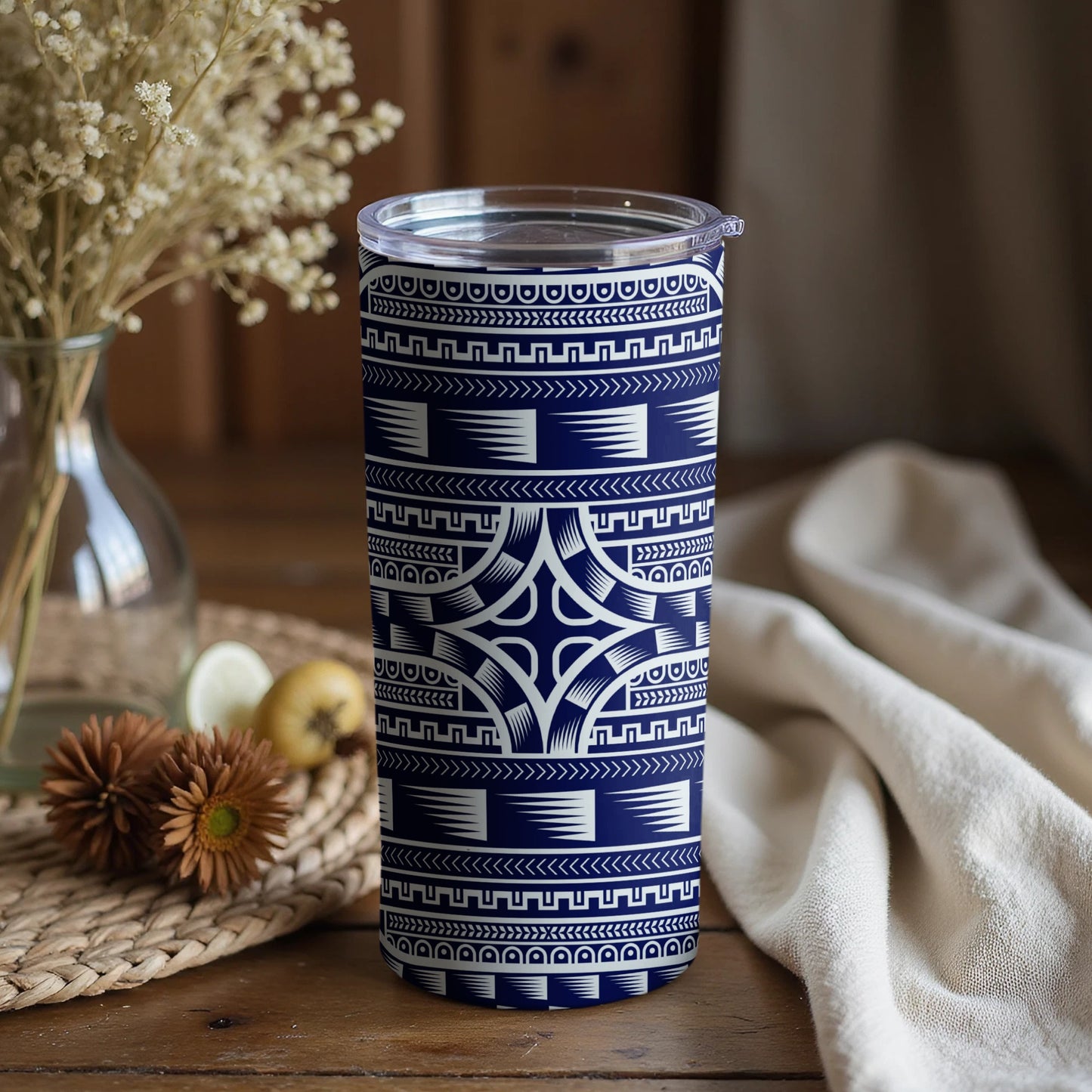 Navy Blue Patterned Insulated Travel Tumbler Cup