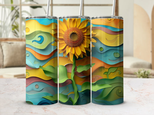 Sunflower and colorful wavy lines design on three tumblers.