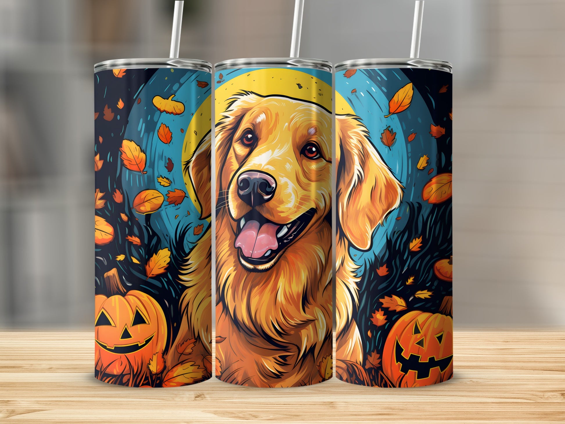 Three tumblers feature a golden retriever with a Halloween theme, including pumpkins and falling leaves.