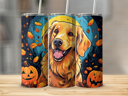 Three tumblers feature a golden retriever with a Halloween theme, including pumpkins and falling leaves.