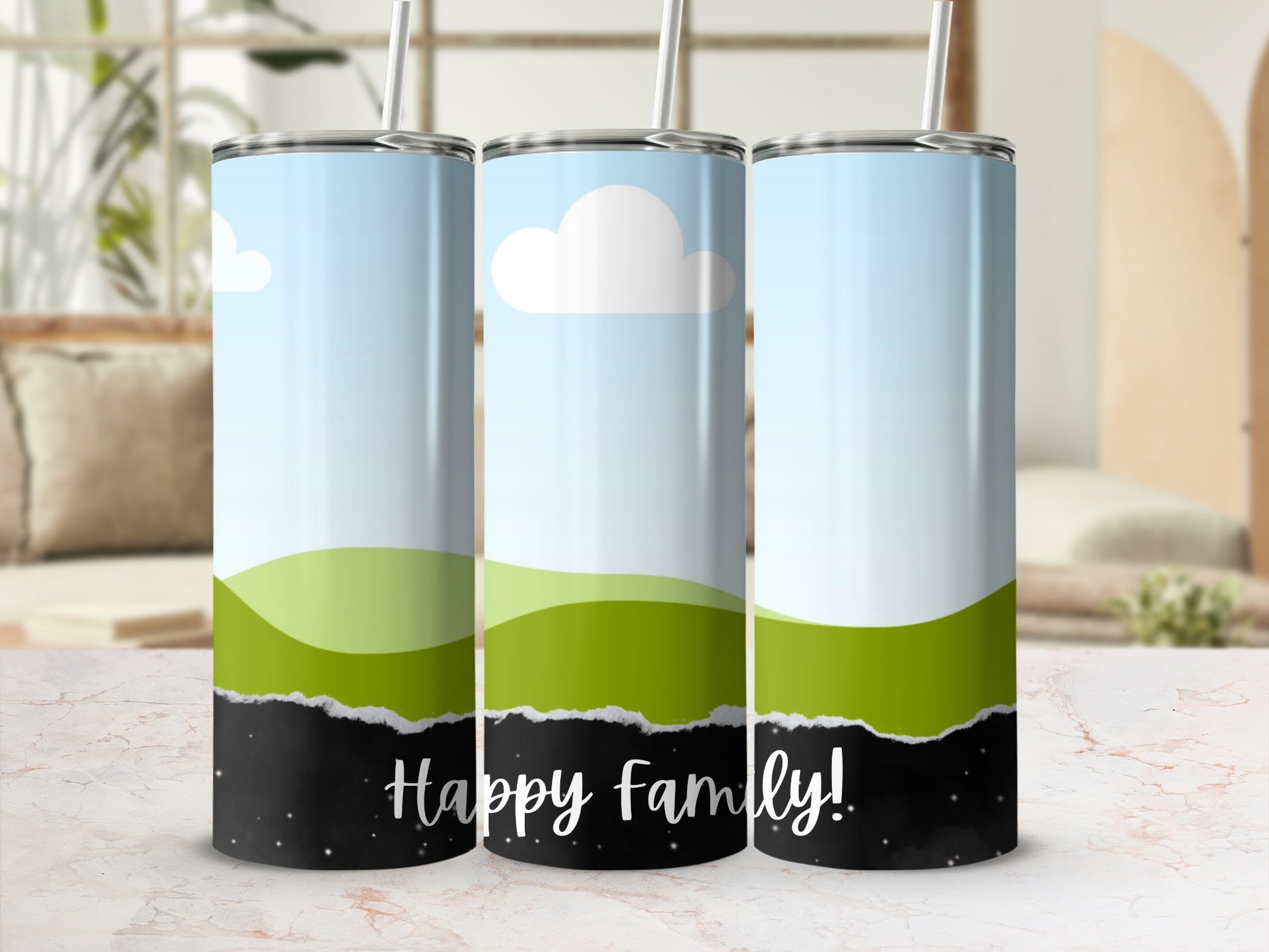 Three tumblers with a "Happy Family!" design featuring a sky, hills, and black textured base.