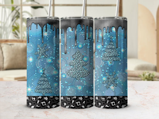 Three sparkling blue tumblers with leopard print bands and dripping black tops.