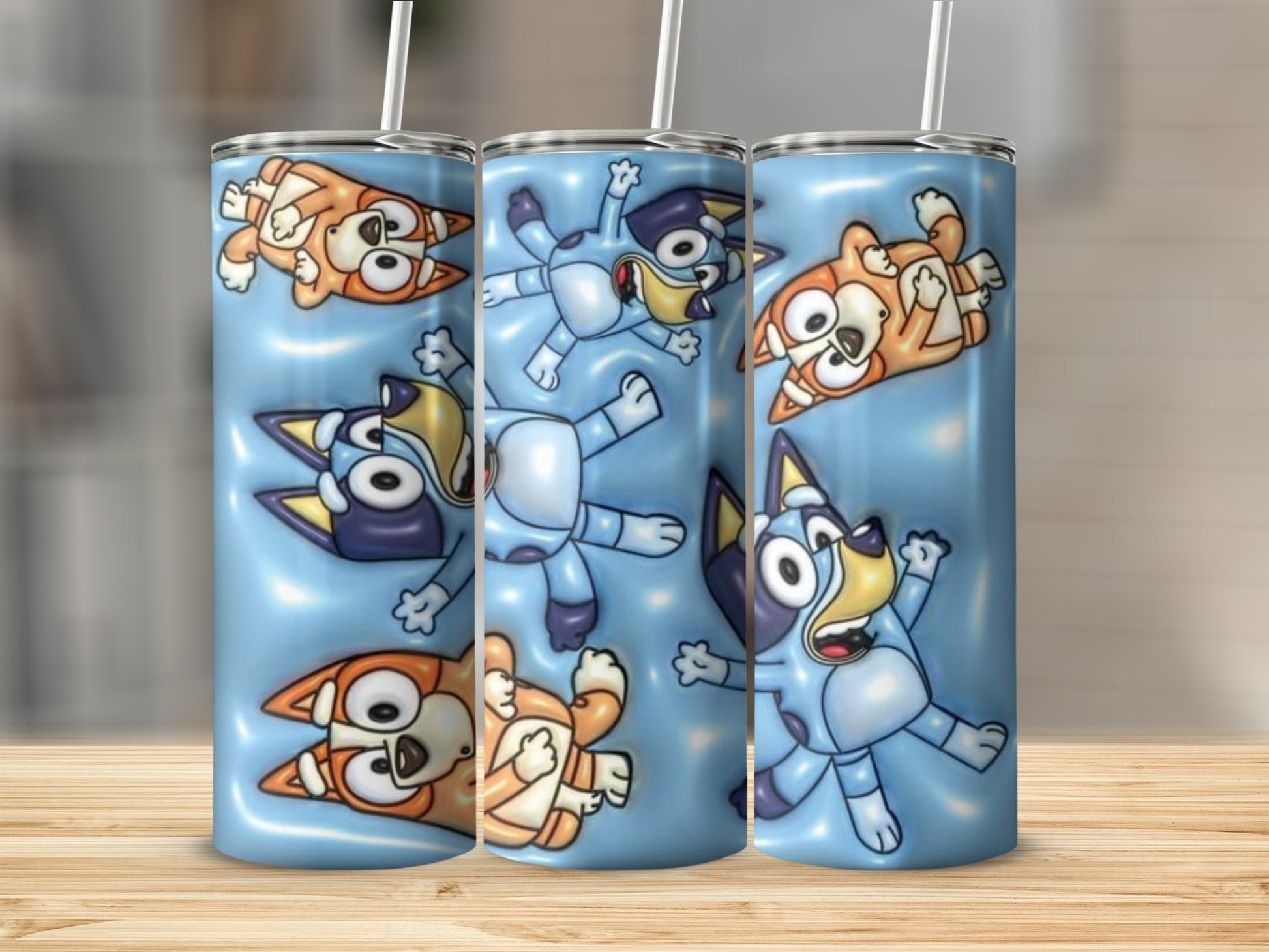 Blue Cartoon Dogs Patterned Tumbler Cup with Straw