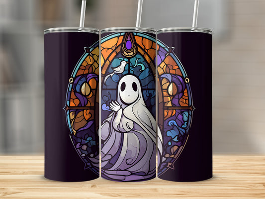 Ghost in stained glass design on a dark purple tumbler.