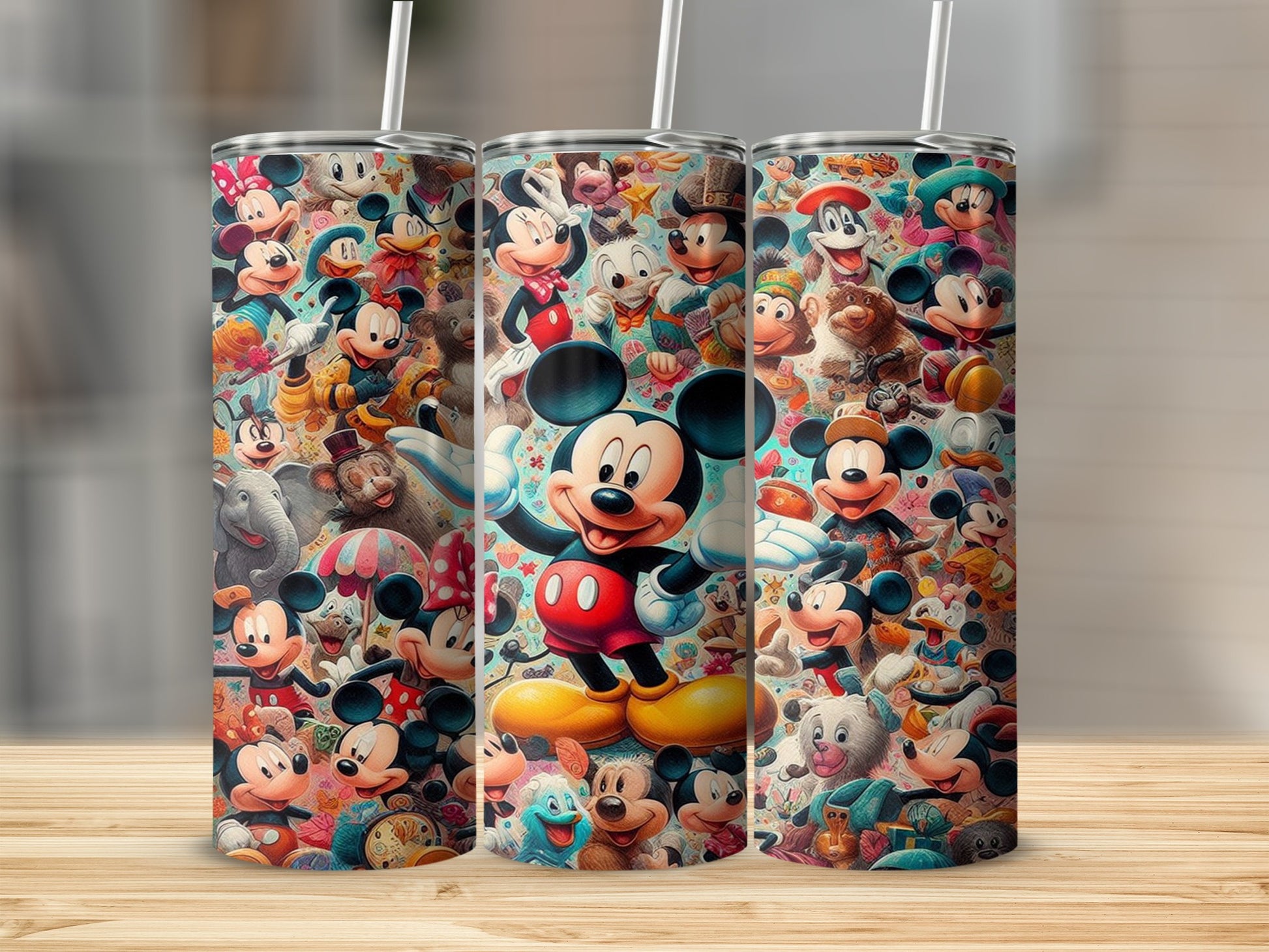 Mickey Mouse and friends characters collage on three tumblers.