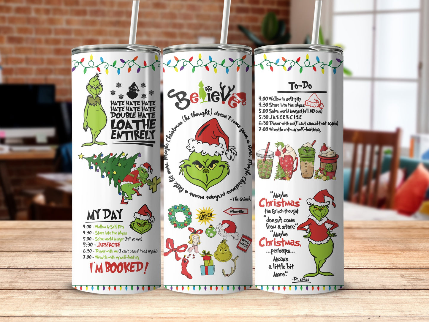 Green Grinch tumbler with "My Day" and "To-Do" lists of Grinch activities.