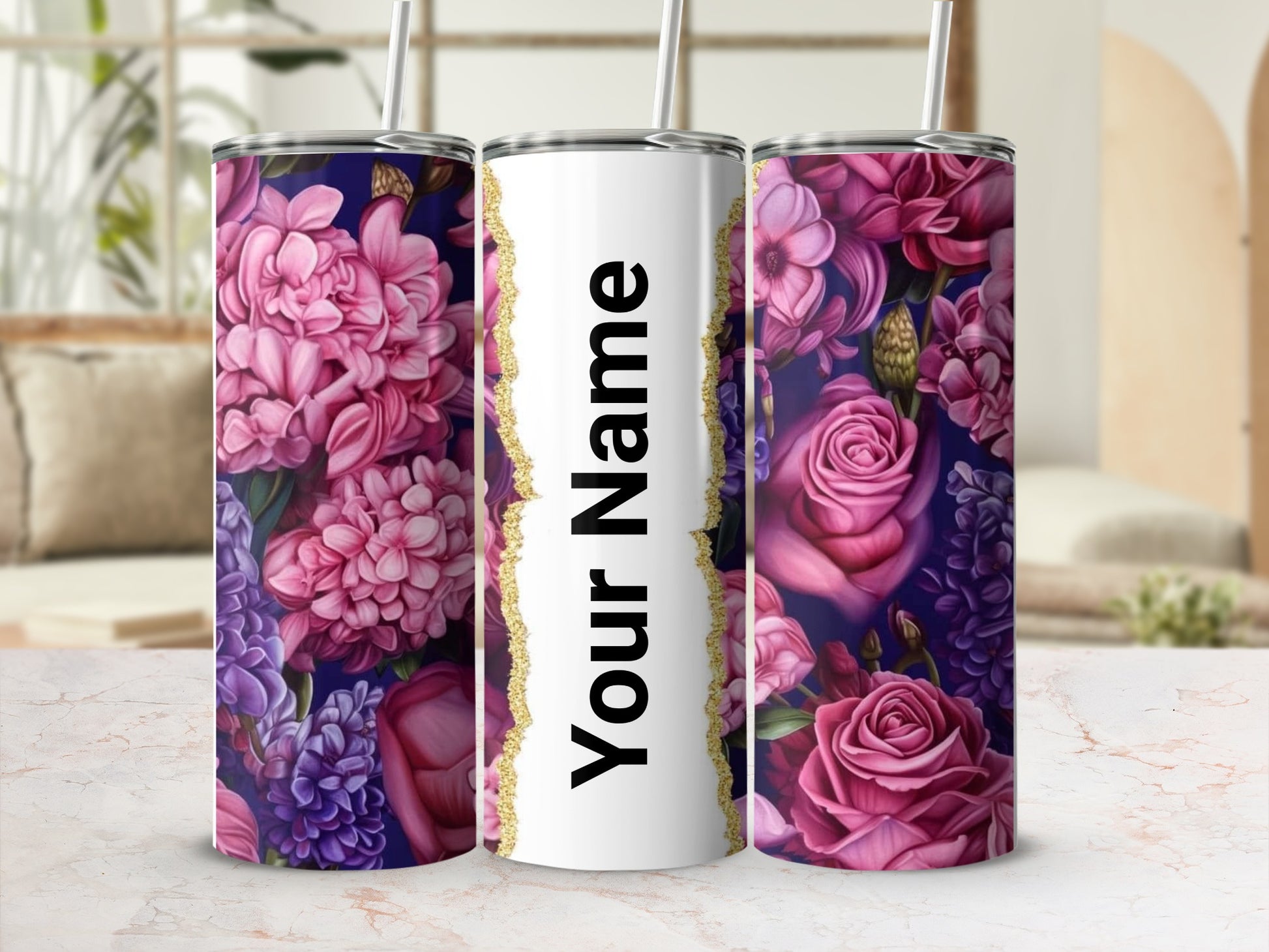 Personalized Floral Design Tumbler with Custom Text
