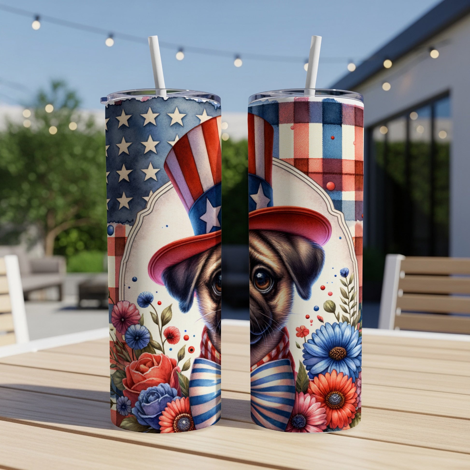 Patriotic pug in top hat with flowers and American flag background.