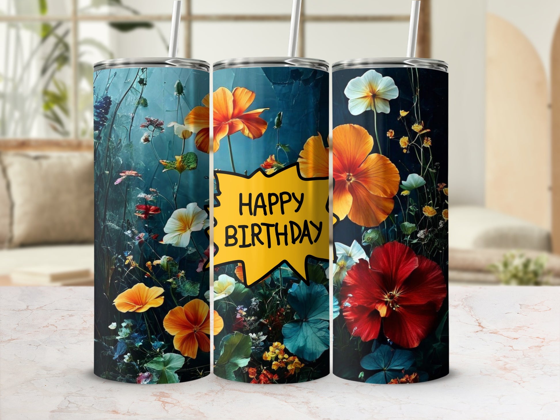 Tumbler with colorful flowers and "Happy Birthday" text in a yellow speech bubble.