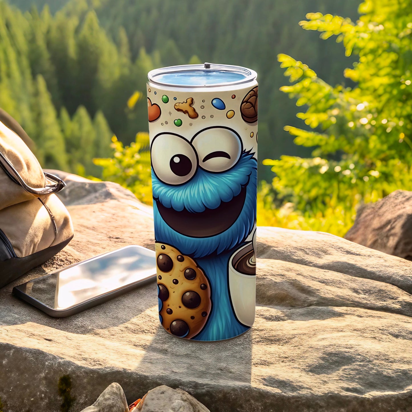 Cartoon Blue Monster Travel Tumbler With Cookie Design