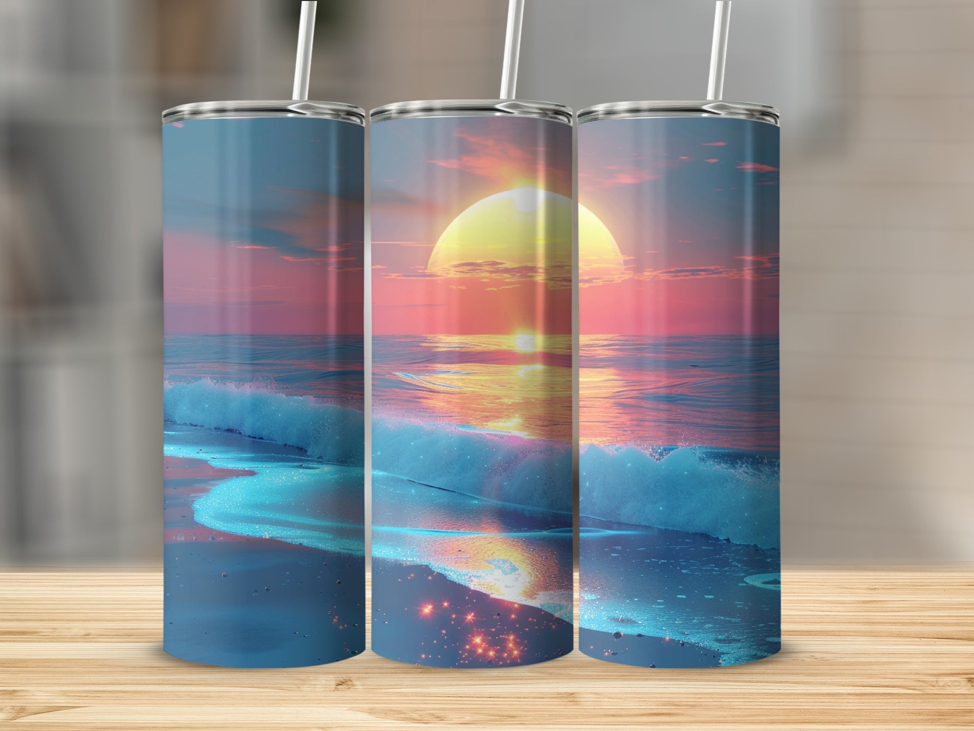 Tumbler featuring a sunset over a sparkling ocean with waves.