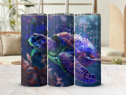 Three tumblers with a sea turtle illustration on a blurred background.