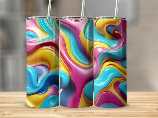 Three colorful tumblers with abstract, swirling liquid patterns.