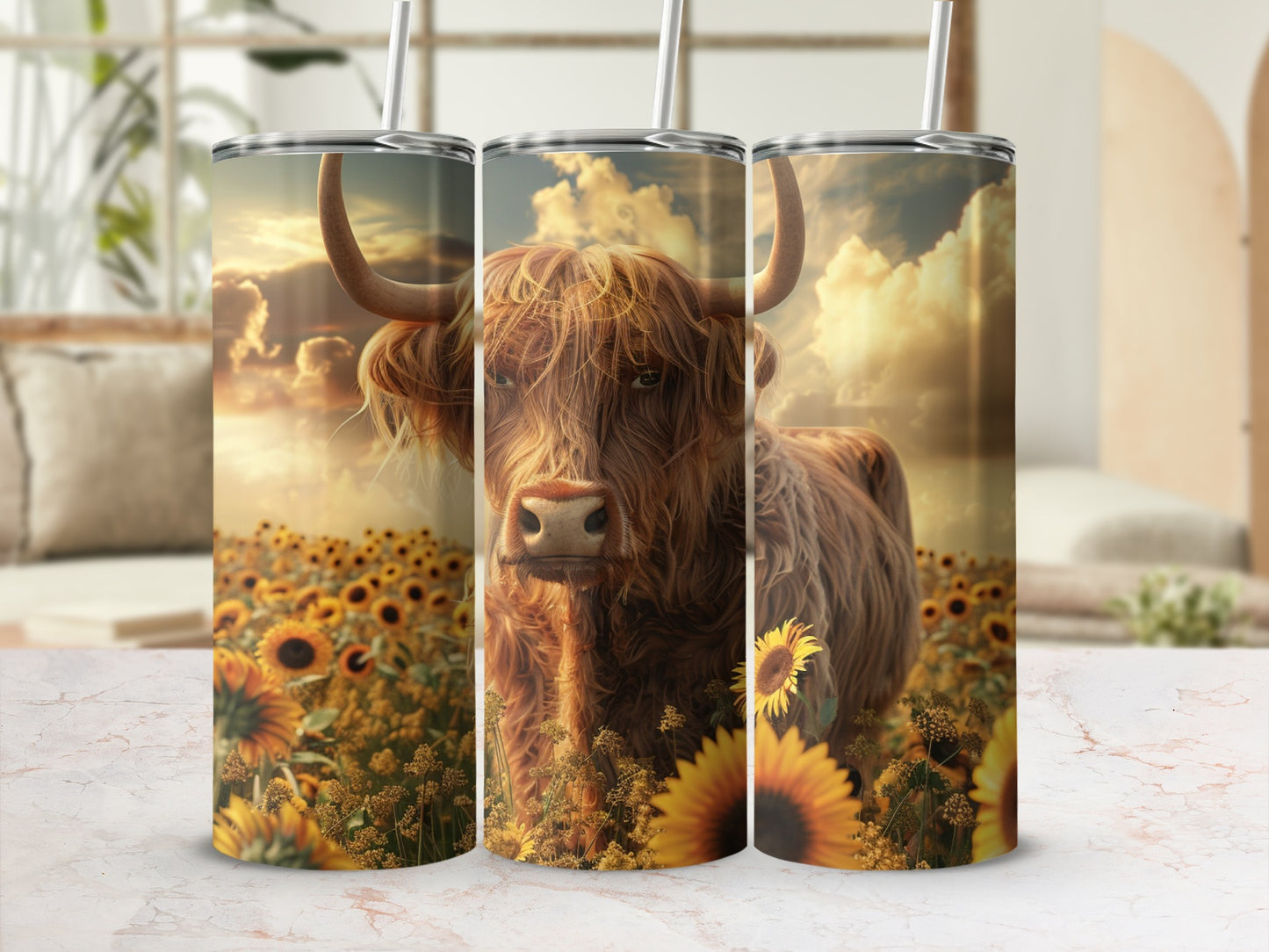 Highland cow in sunflower field with textured background.