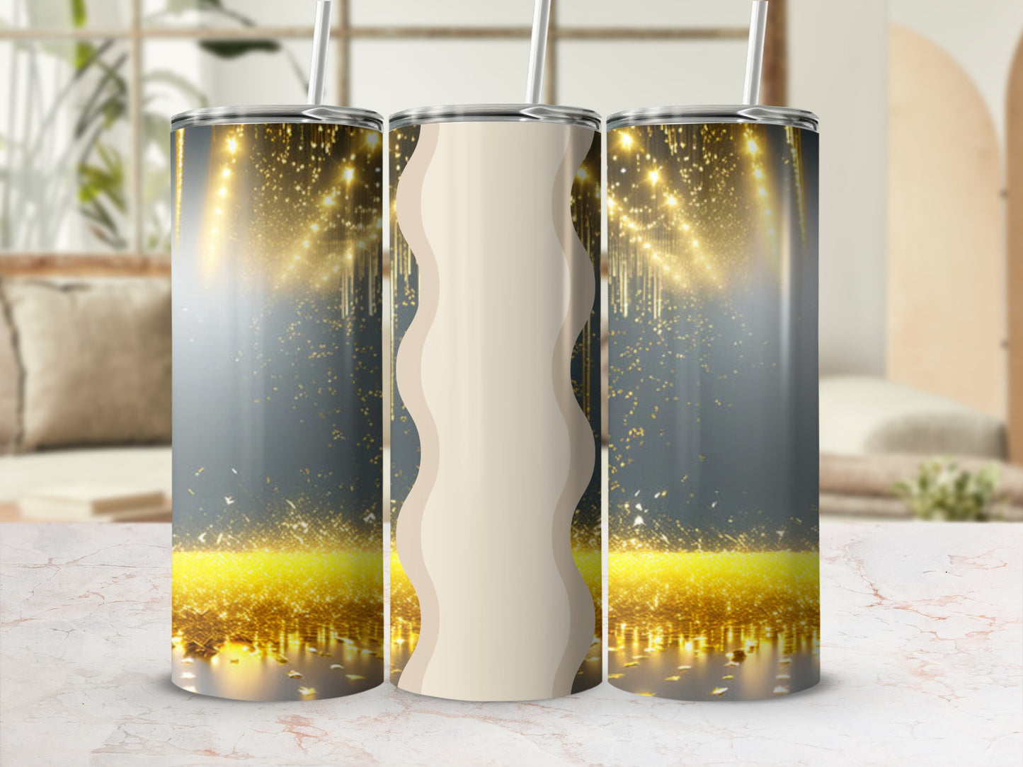 Gold glitter and bokeh lights on a shimmering gradient tumbler with cream wave design.