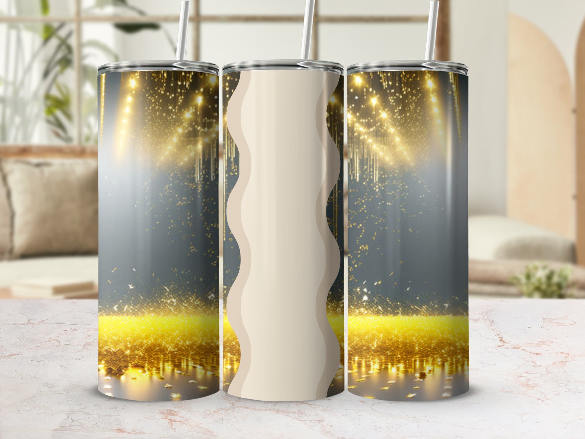 Gold glitter and bokeh lights on a shimmering gradient tumbler with cream wave design.