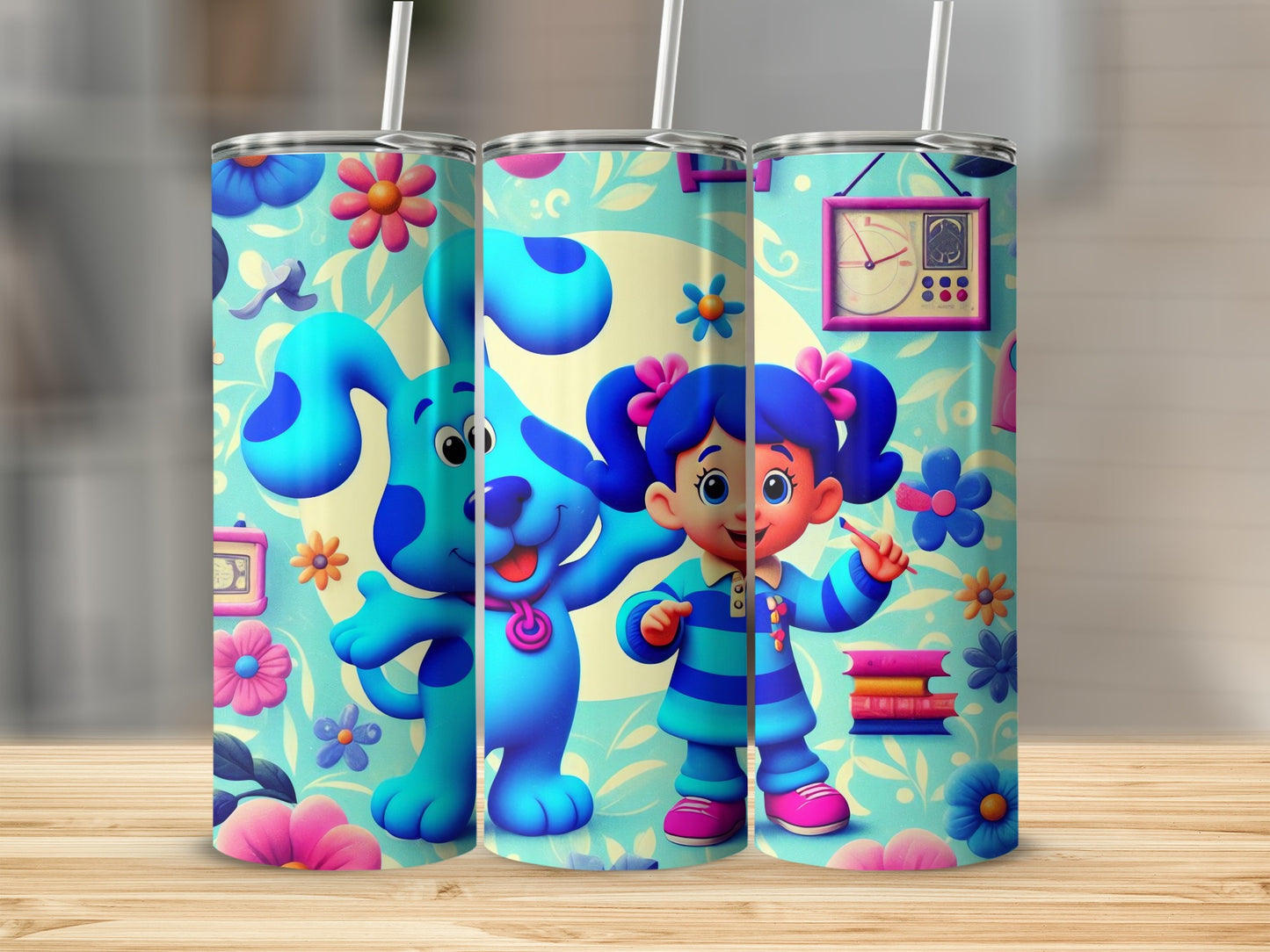 Blue Dog and Girl Floral Design Insulated Tumbler Product