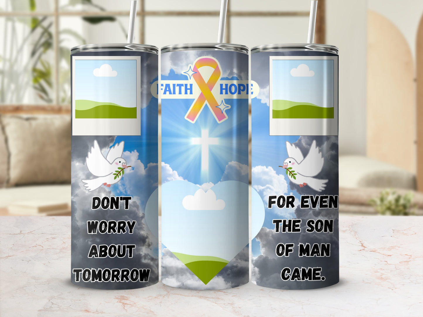 Tumbler with "Faith Hope" ribbon, cross, doves, and scripture.