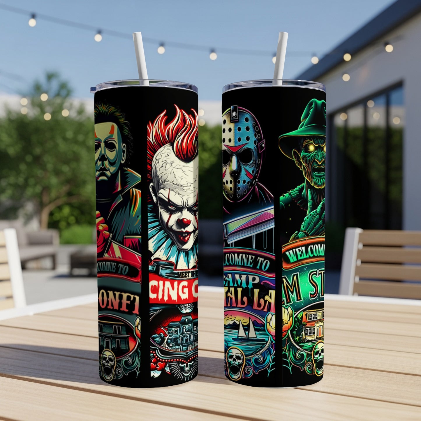 Two tumblers featuring horror movie characters Freddy Krueger, Michael Myers, and Pennywise.