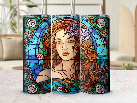 Stained glass-style portrait of a woman with flowing auburn hair and blue eyes.