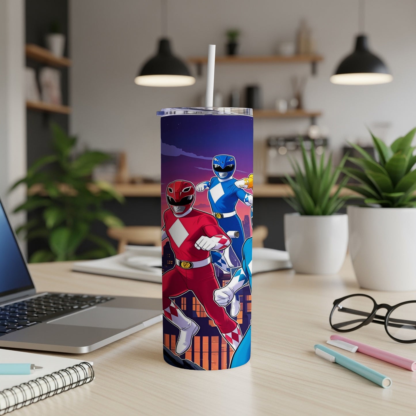 Red and blue Power Rangers stand on a cityscape with a white straw.