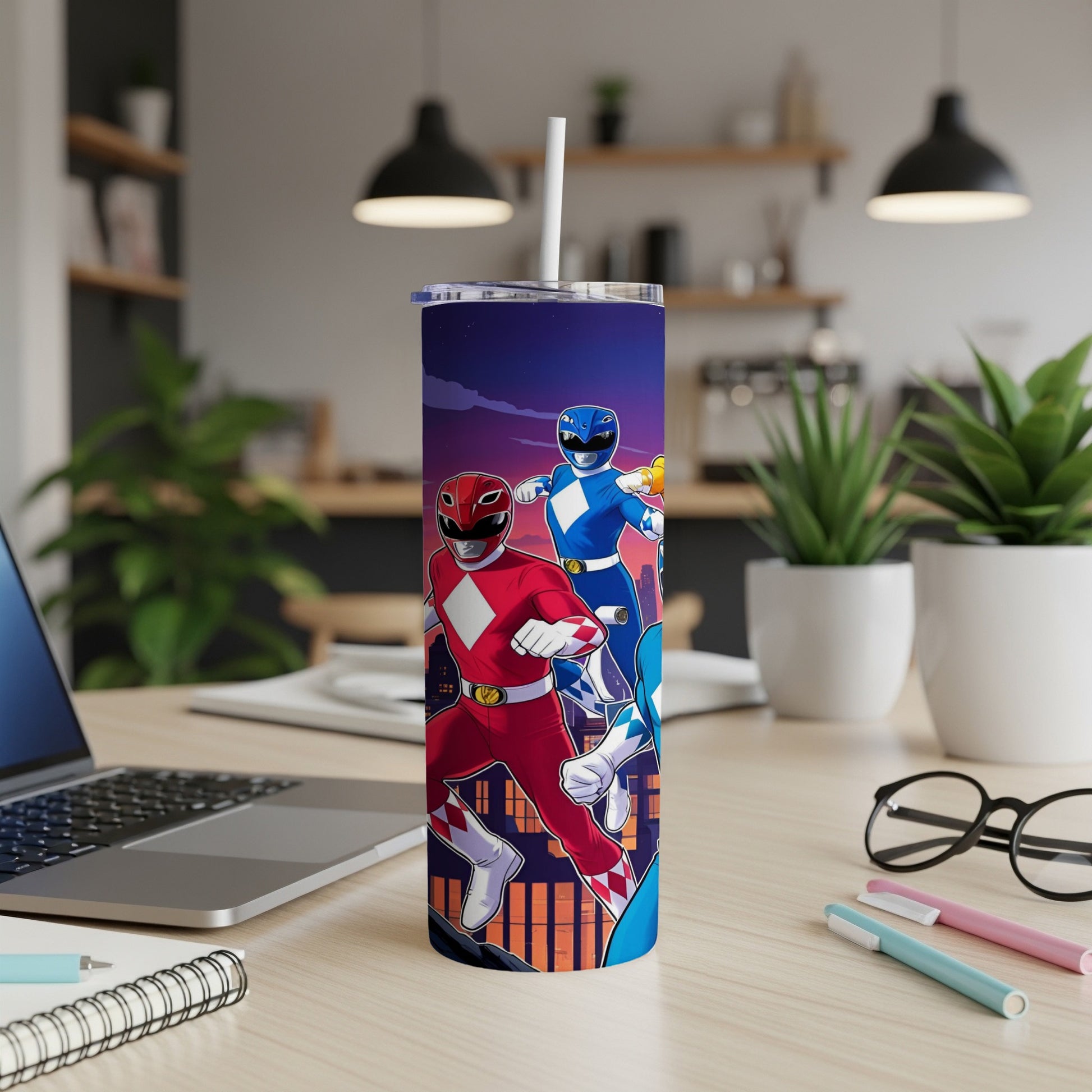 Red and blue Power Rangers stand on a cityscape with a white straw.