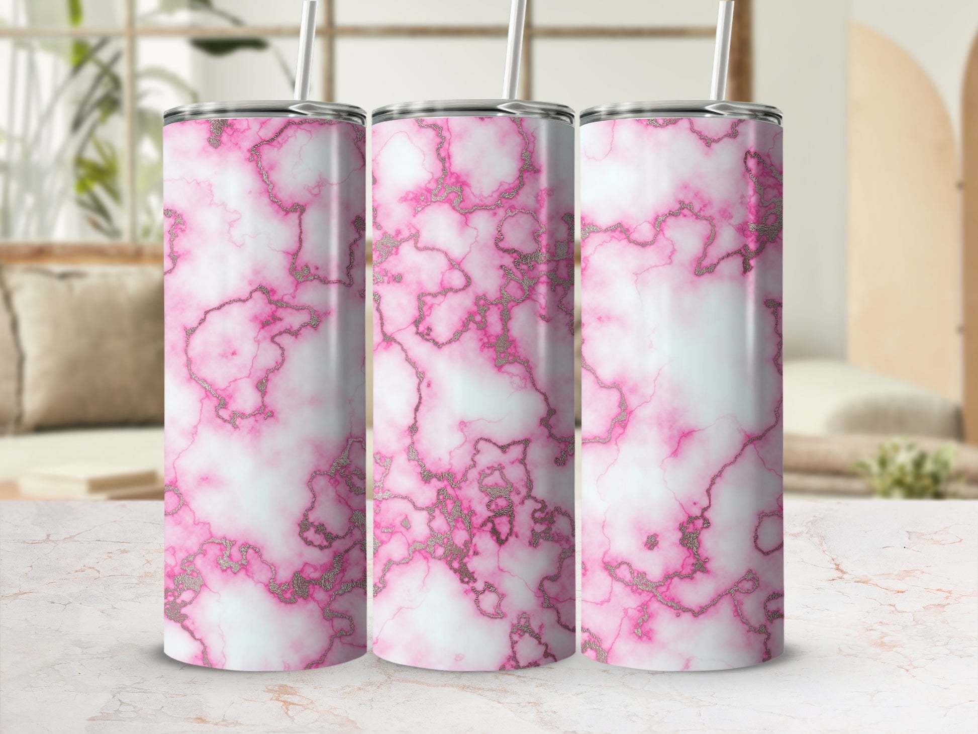 Three tumblers with pink marble and gold glitter design.