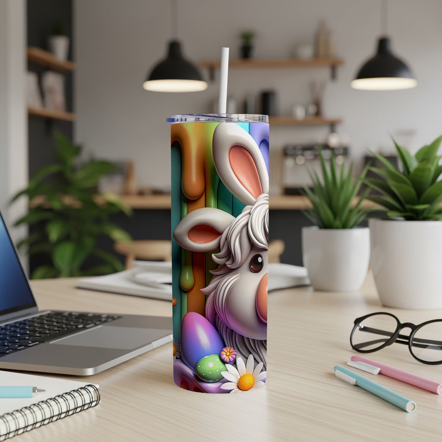 Easter bunny tumbler with rainbow drips and colorful eggs.