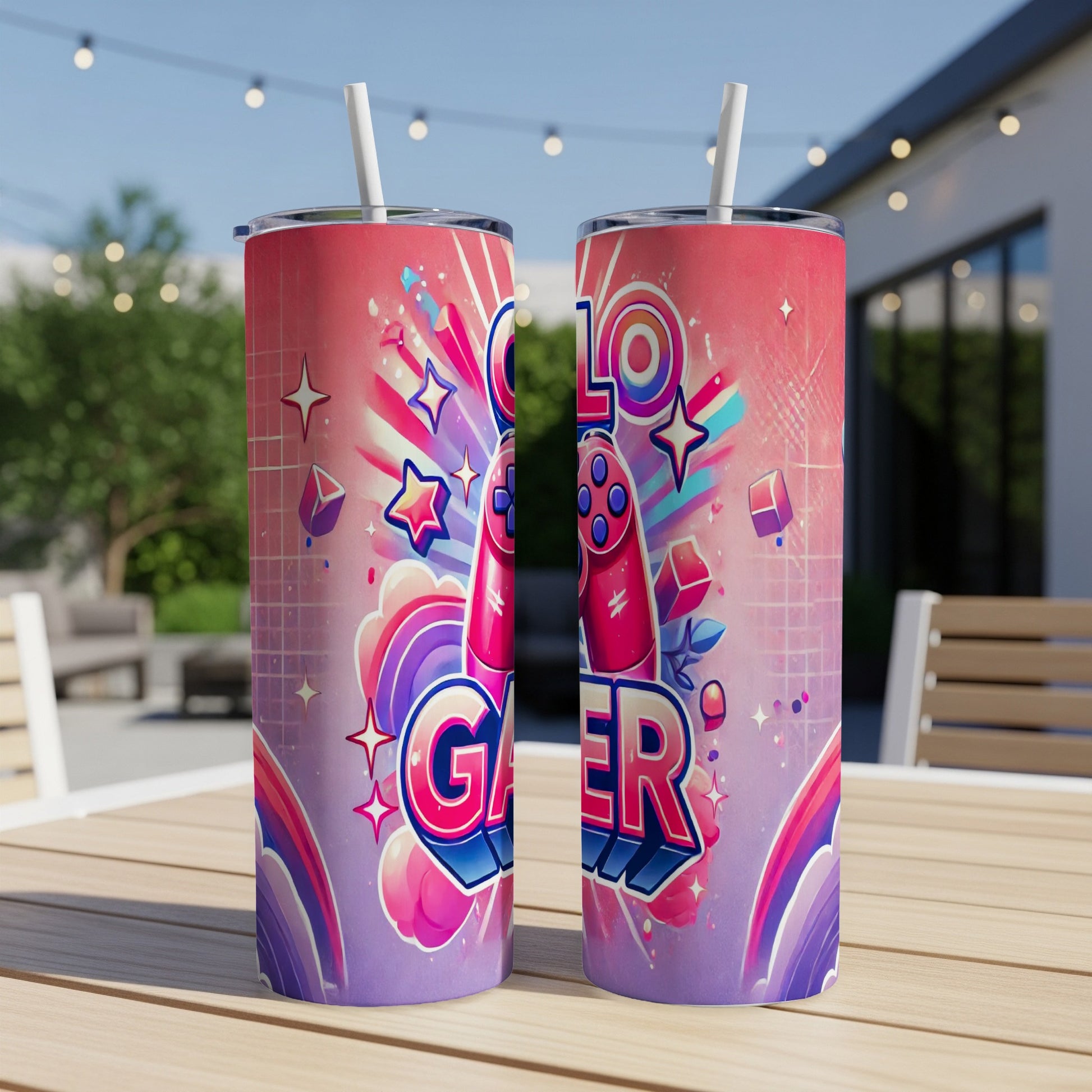 Pink and purple "Gamer" text with game controller and retro arcade graphics.