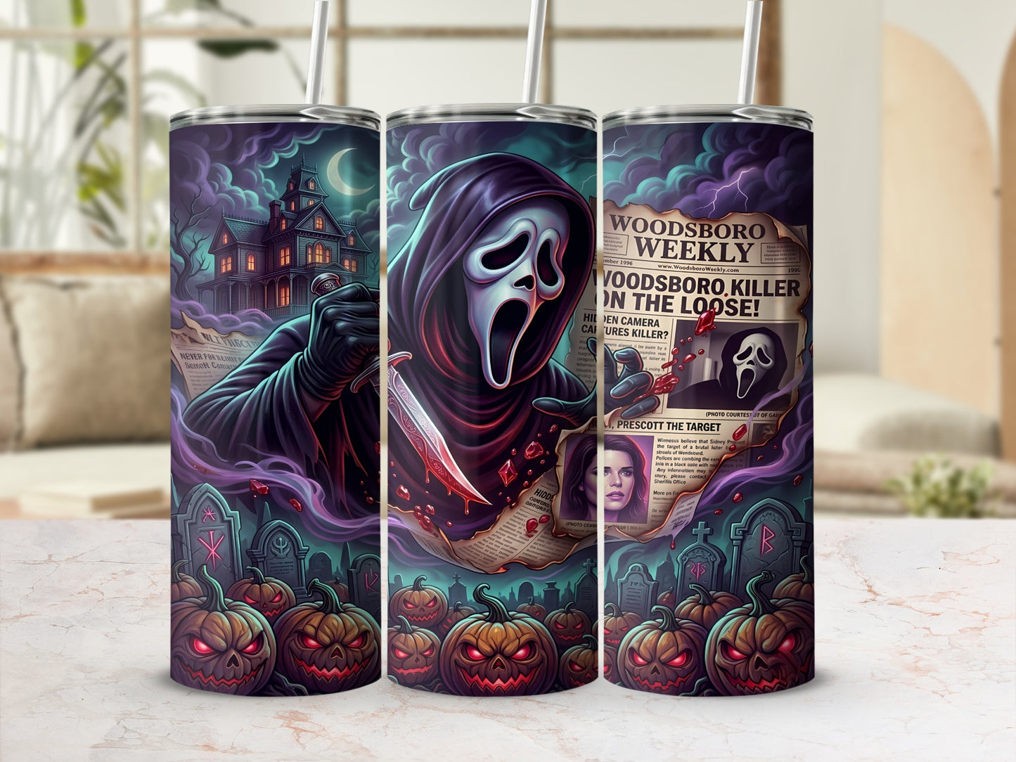 Scary movie tumbler with ghost face killer, haunted house, pumpkins, and newspaper headlines.