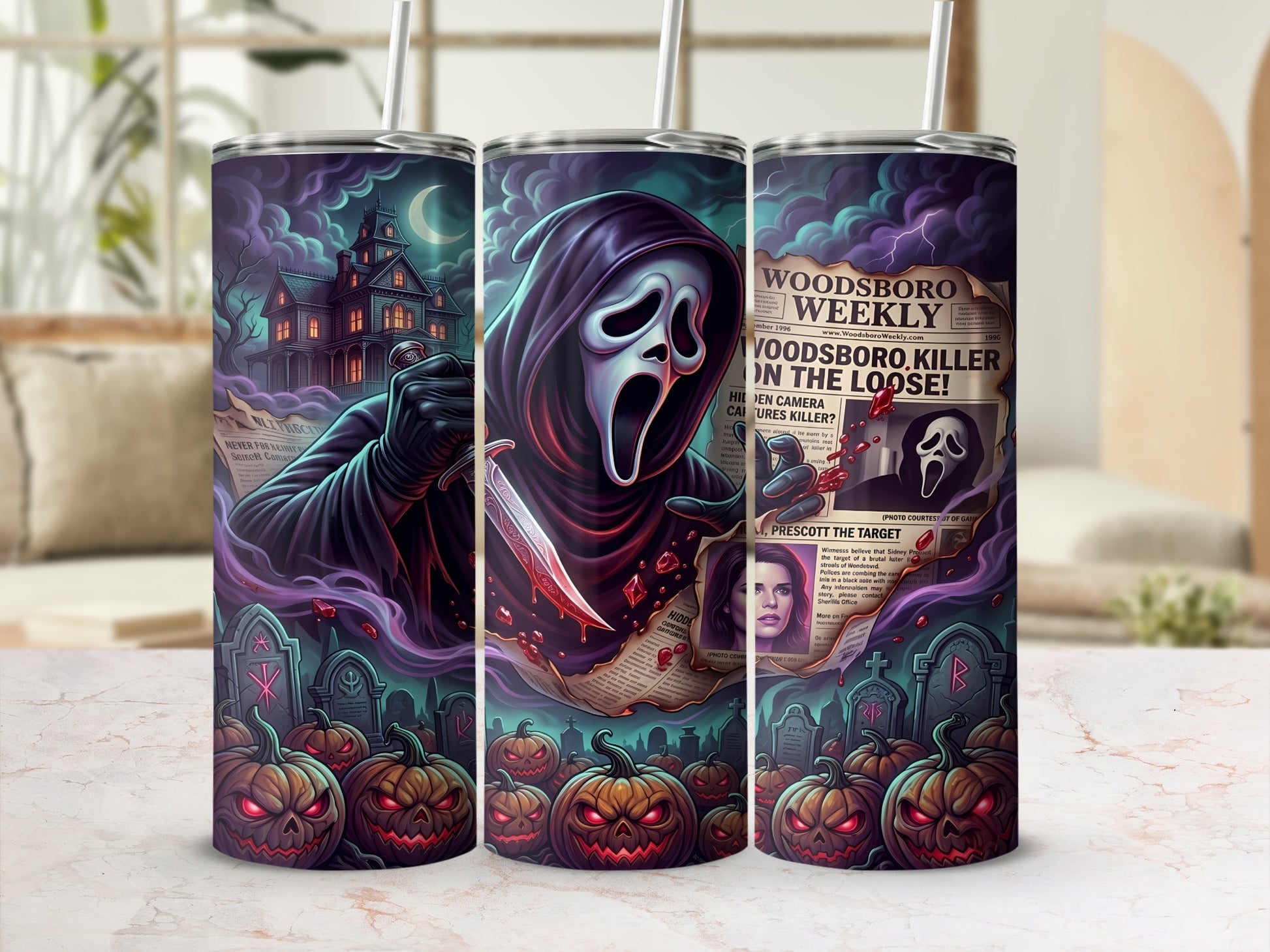 Scary movie tumbler with ghost face killer, haunted house, pumpkins, and newspaper headlines.