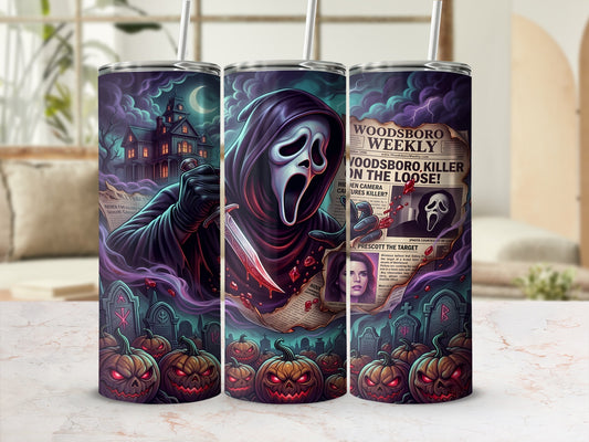 Scary movie tumbler with ghost face killer, haunted house, pumpkins, and newspaper headlines.